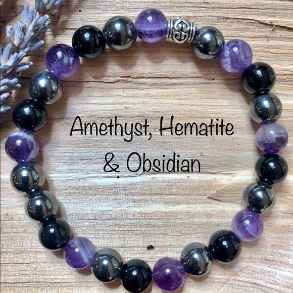 Hand Crafted Jewelry - Hand Crafted Unisex Amethyst, Hematite and Obsidian Bracelet